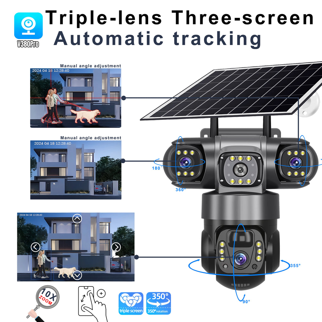 6K 15MP 4G SIM Solar Camera Outdoor 3 Lens 3 Screen Surveillance CCTV PTZ Human Detect Auto Tracking Solar Security Camera V380