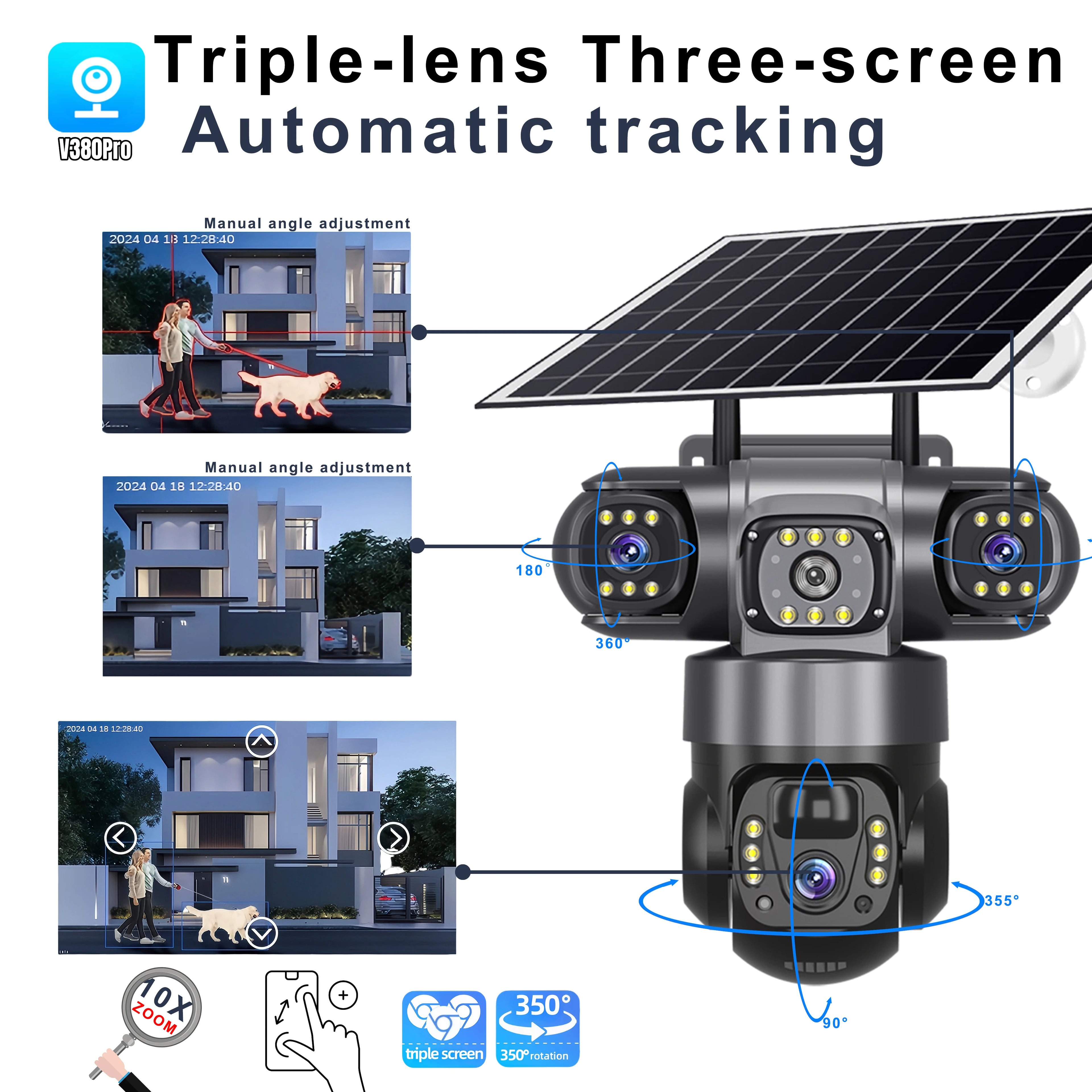 6K 15MP 4G SIM Solar Camera Outdoor 3 Lens 3 Screen Surveillance CCTV PTZ Human Detect Auto Tracking Solar Security Camera V380