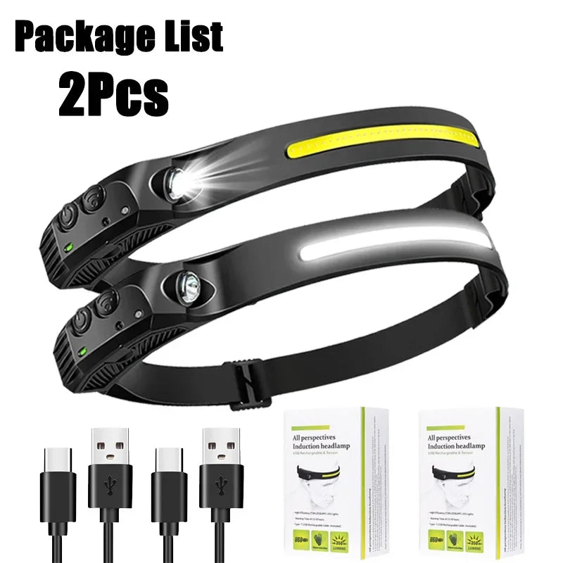 Sensor Headlamp USB Rechargeable LED Flashlight XPE+COB Torch Camping Waterproof Headlight Fishing Headlamp 1/2/3/4/5/8/10PCS