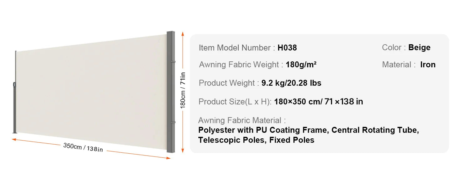 SucceBuy Retractable Side Awning Outdoor Privacy Polyester Water-proof Retractable Patio Screen UV 30+ Room Divider Wind Screen