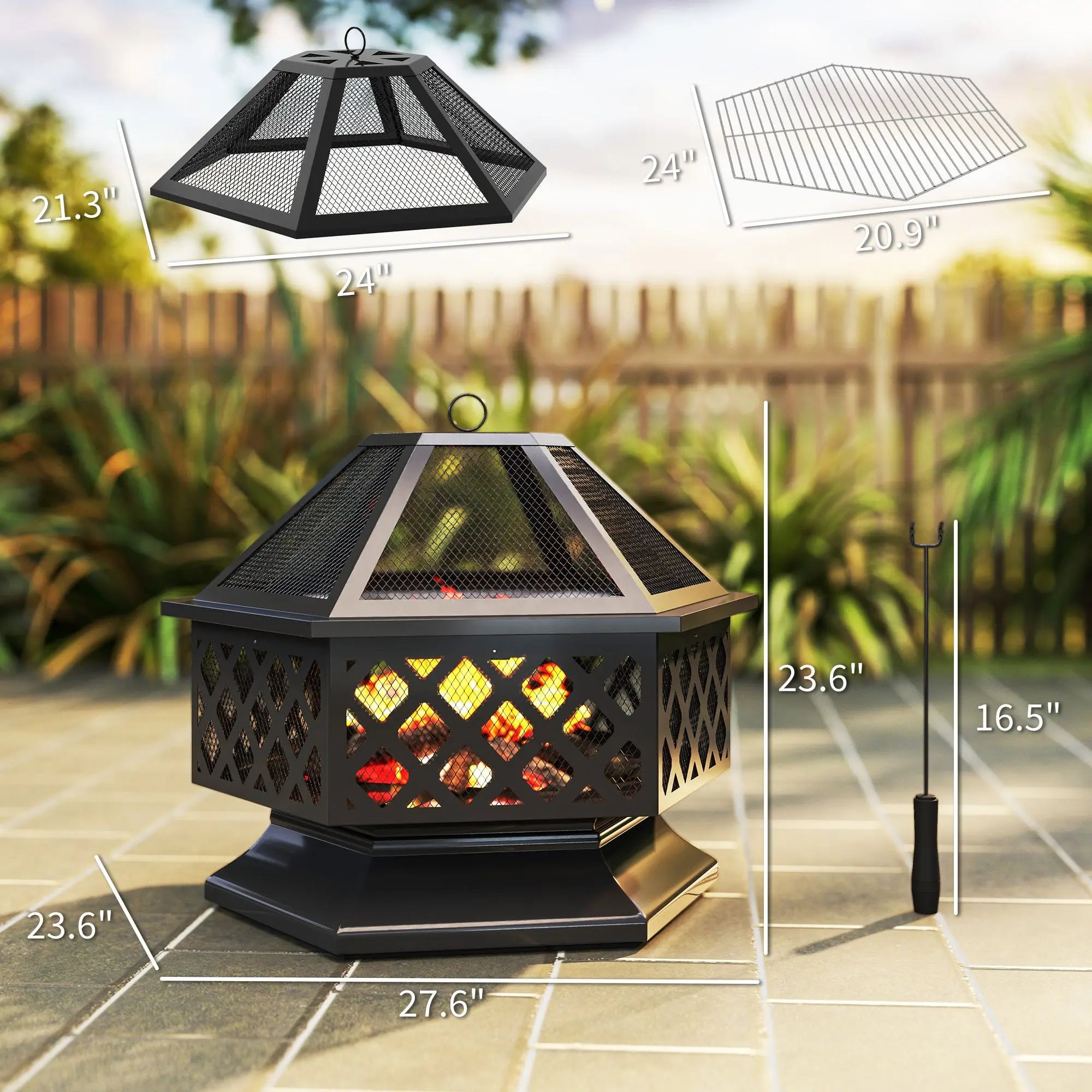 28" Outdoor Fire Pit with Grill Hexagon Fireplace Wood Burning Firepit with Cooking Grate, Fire Poker, Spark Screen Lid
