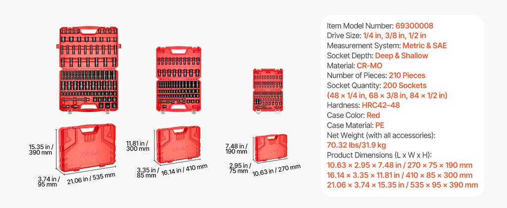 VEVOR 1/4, 3/8 & 1/2 Inch Drive Impact Socket Set, 210-Piece Full Metric/Standard with Extensions & Universal Joint, 3 Cases