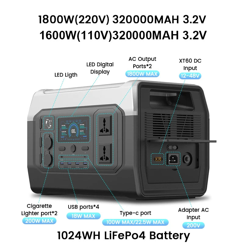 2600W 1800W 500W Portable Power Station 1024wh 345wh Lifepo4 Battery Powerful Power Bank Solar Generator Emergency Power Supply