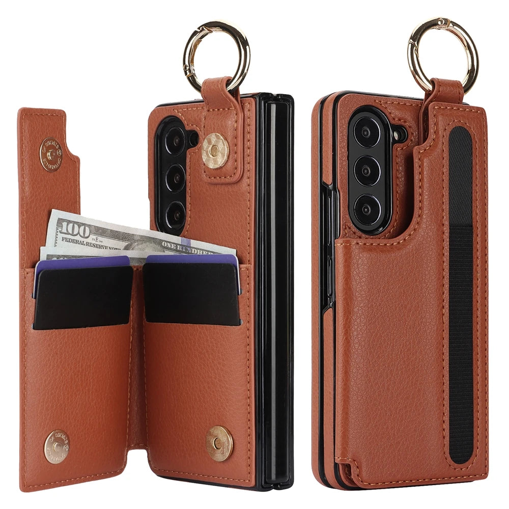 Ring Bucket Wallet Phone Case For Samsung Galaxy Z Fold7 Z Fold 6 5 7 4 3 Leather Case Kickstand Pen Cash Card Slots Phone Cover