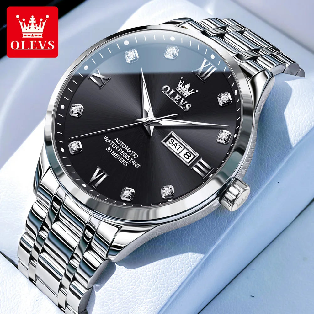 OLEVS 9946 New In Automatic Mechanical Watch for Man Luxury Diamond Dial Dual Calendar Display Auto Date Clock Waterproof Watch