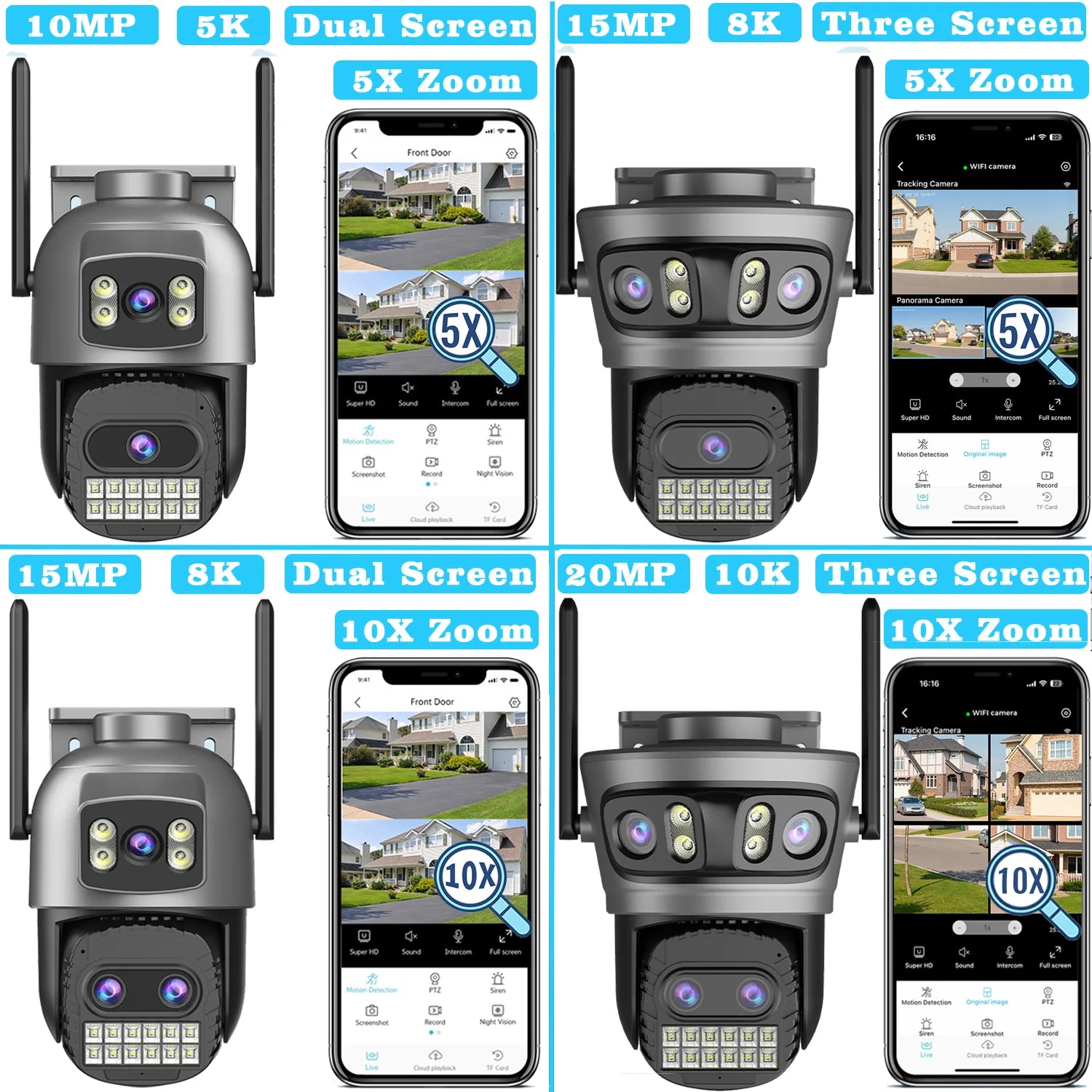 20MP Outdoors Wifi Camera 10K HD Three Lens Security 5G PTZ IP Camera 10X Digital Zoom Lens Human AI Auto Detect Tracking Camera