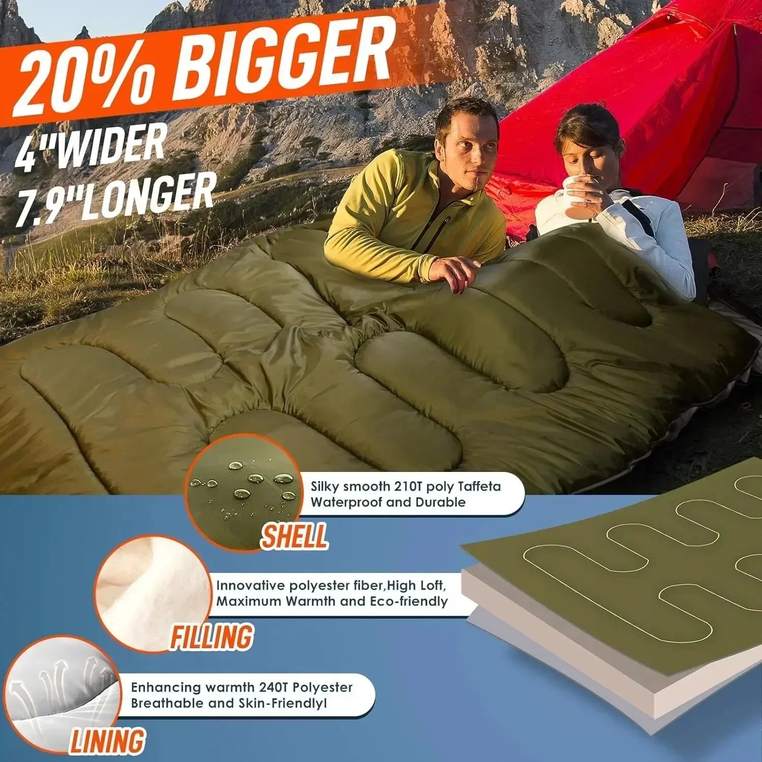 Double Sleeping Bags for Two Adults - With Pillow, All-Season, Cold Weather, Keep Warm