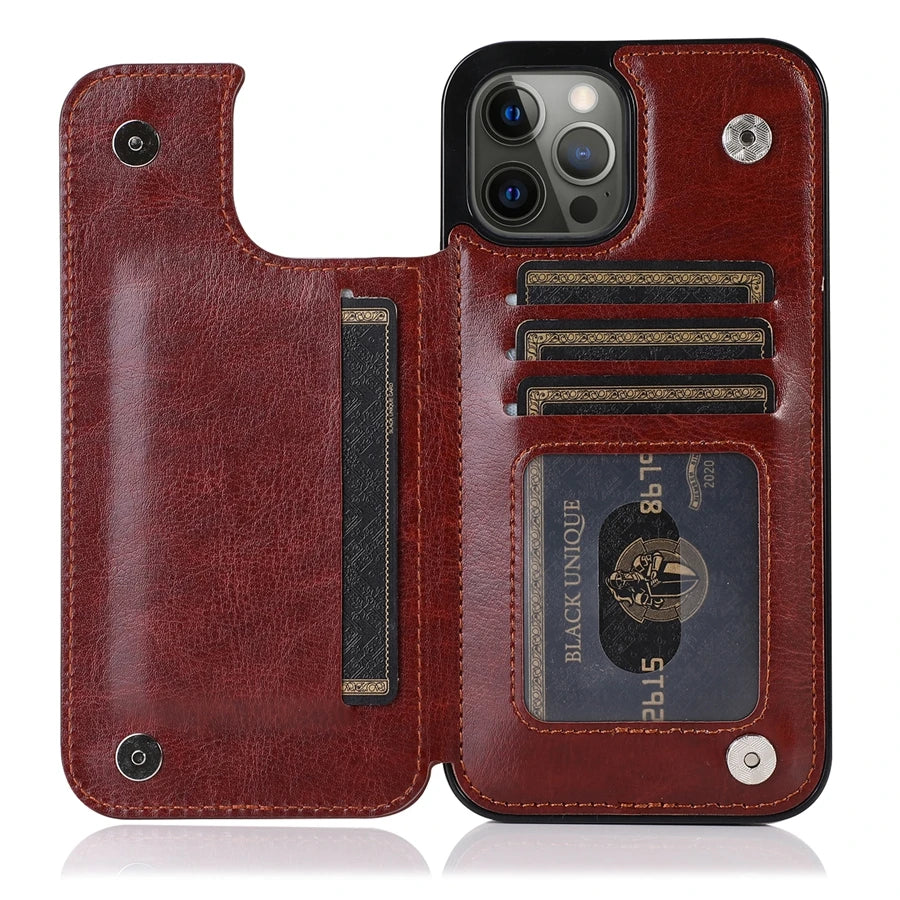 Wallet Double Button With Card Slot Stand Flip Leather Case For iPhone 16e 16 Pro Max 15 Plus 14 13 12 Mini 11 SE3 SE2 X XR 8 7