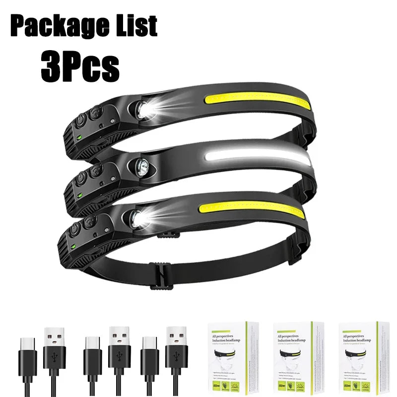 Sensor Headlamp USB Rechargeable LED Flashlight XPE+COB Torch Camping Waterproof Headlight Fishing Headlamp 1/2/3/4/5/8/10PCS