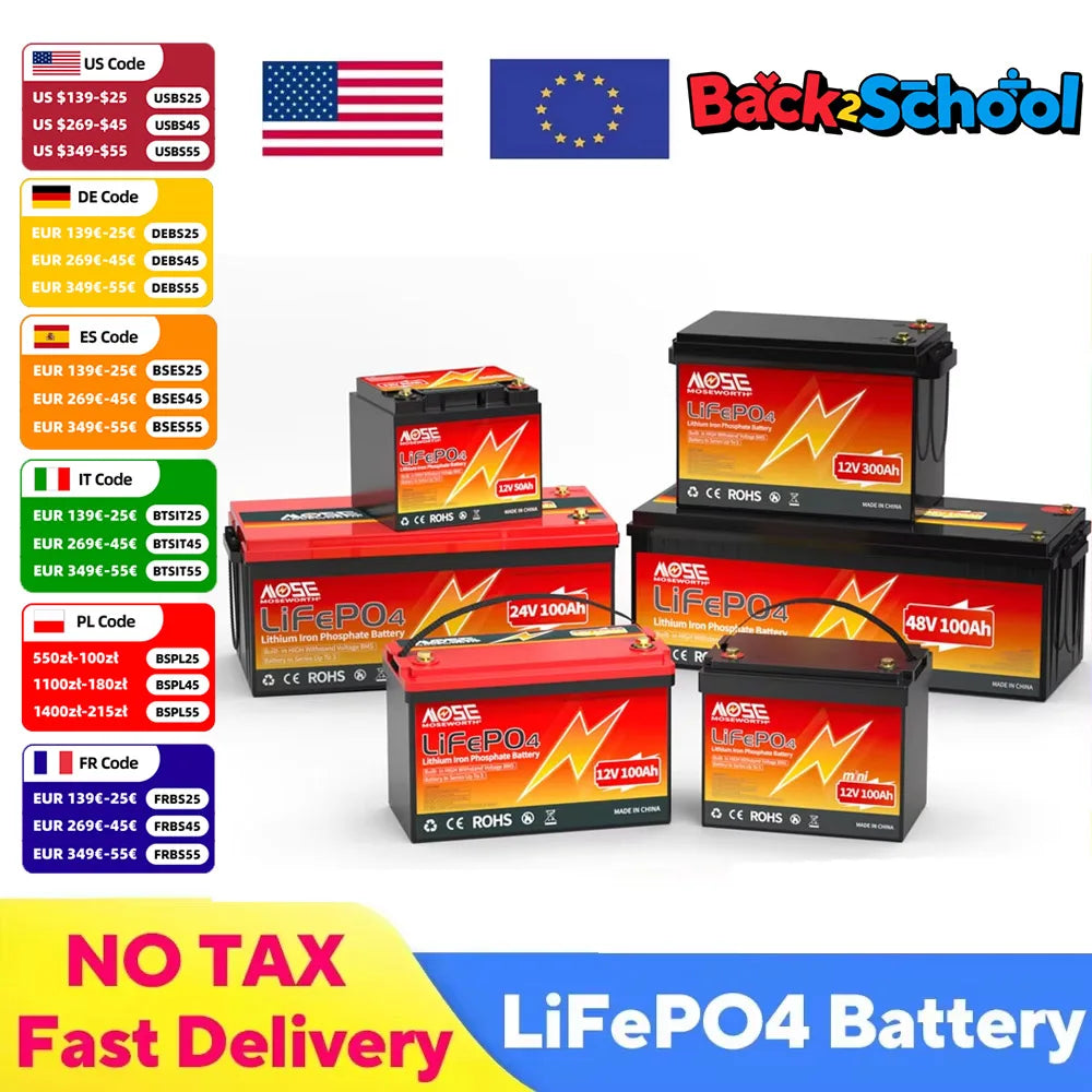 6Ah 10Ah 12Ah 20Ah 30Ah 12V 100Ah LiFePO4 Battery Pack BMS 200Ah 300Ah Lithium Iron Phosphate Rechargeable Battery