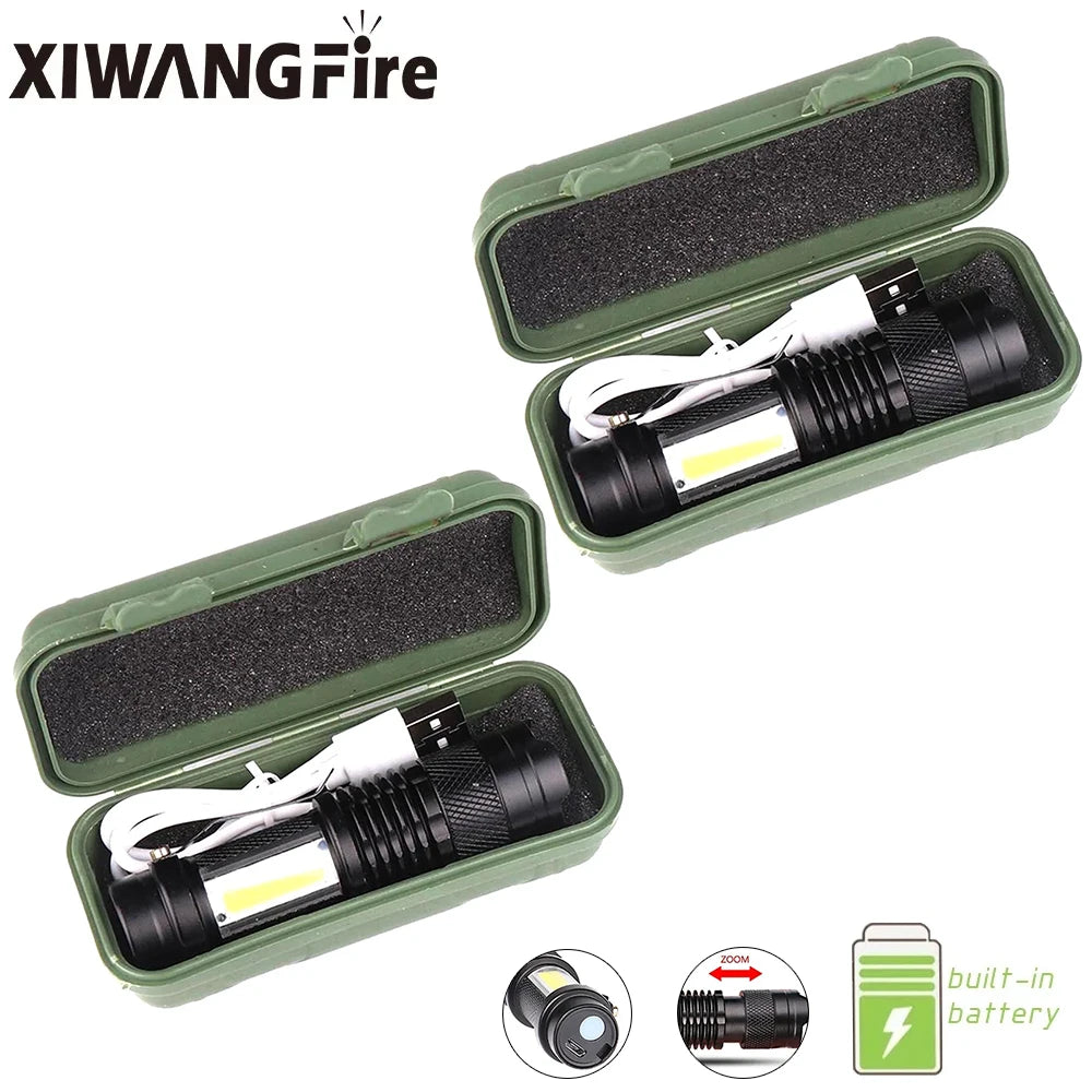 Mini Portable 2000 Lumens Led Flashlight Built In Battery Torch COB Variable Focus Waterproof Tactical Flashlight Bulb Light