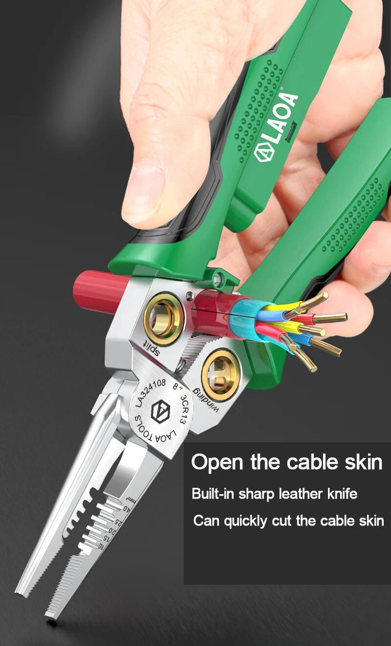 LAOA Electrician's pliers, multi-function wire stripper, 8-in-1 stainless steel needle-nose pliers with electrical measurement
