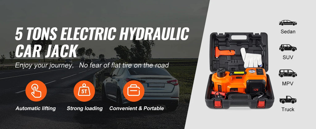 SucceBuy Electric Car Jack 5T Hydraulic Car Jack Portable Car Jack with Built-in Inflatable Pump and LED Light, Fit for SUV MPV