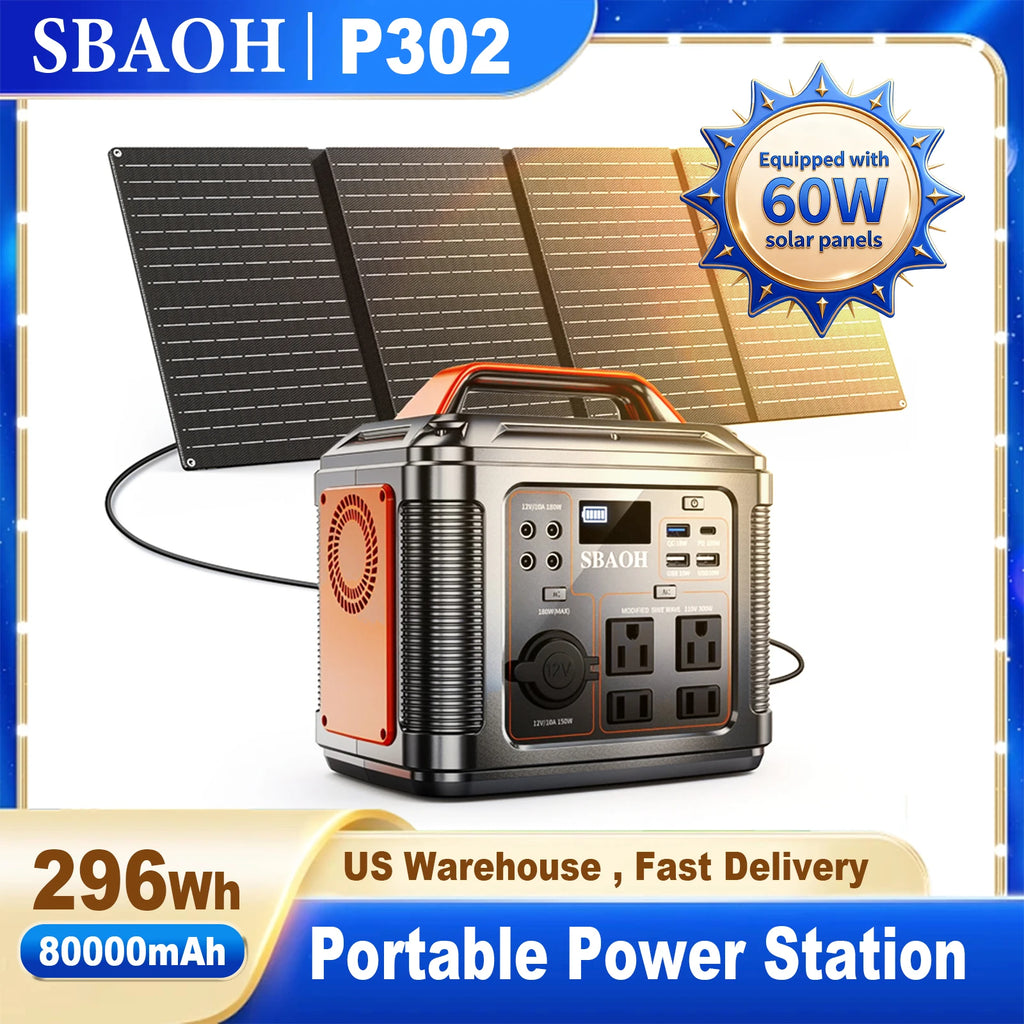 SBAOH Portable Power Station, 296Wh 300W, 110V AC Outlet, Solar Power Station with 60W Solar Panel, Travel/Outdoor/Home Use