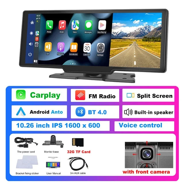 Podofo 10.26" Dash Cam 4K Rearview Camera Wireless Carplay Android Auto GPS with Voice Control Dashboard DVR Car Monitor