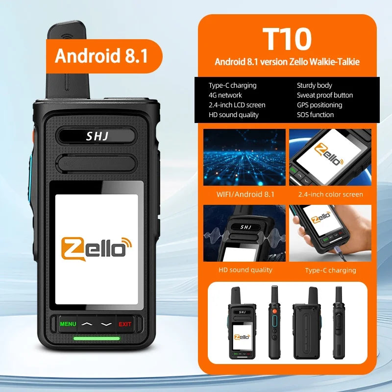 Zello POC Radio 2.4" Android 8.1 Smart Walkie Talkie, 4G SIM/WiFi, 100-Mile Long Range, Bluetooth Handheld Radio