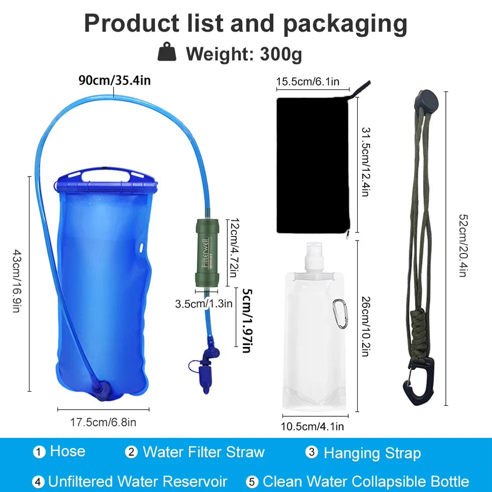 Outdoor Survival Water Filter Straw with Gravity Water Bag Portable Water Purifier Filtration System Emergency Accessories