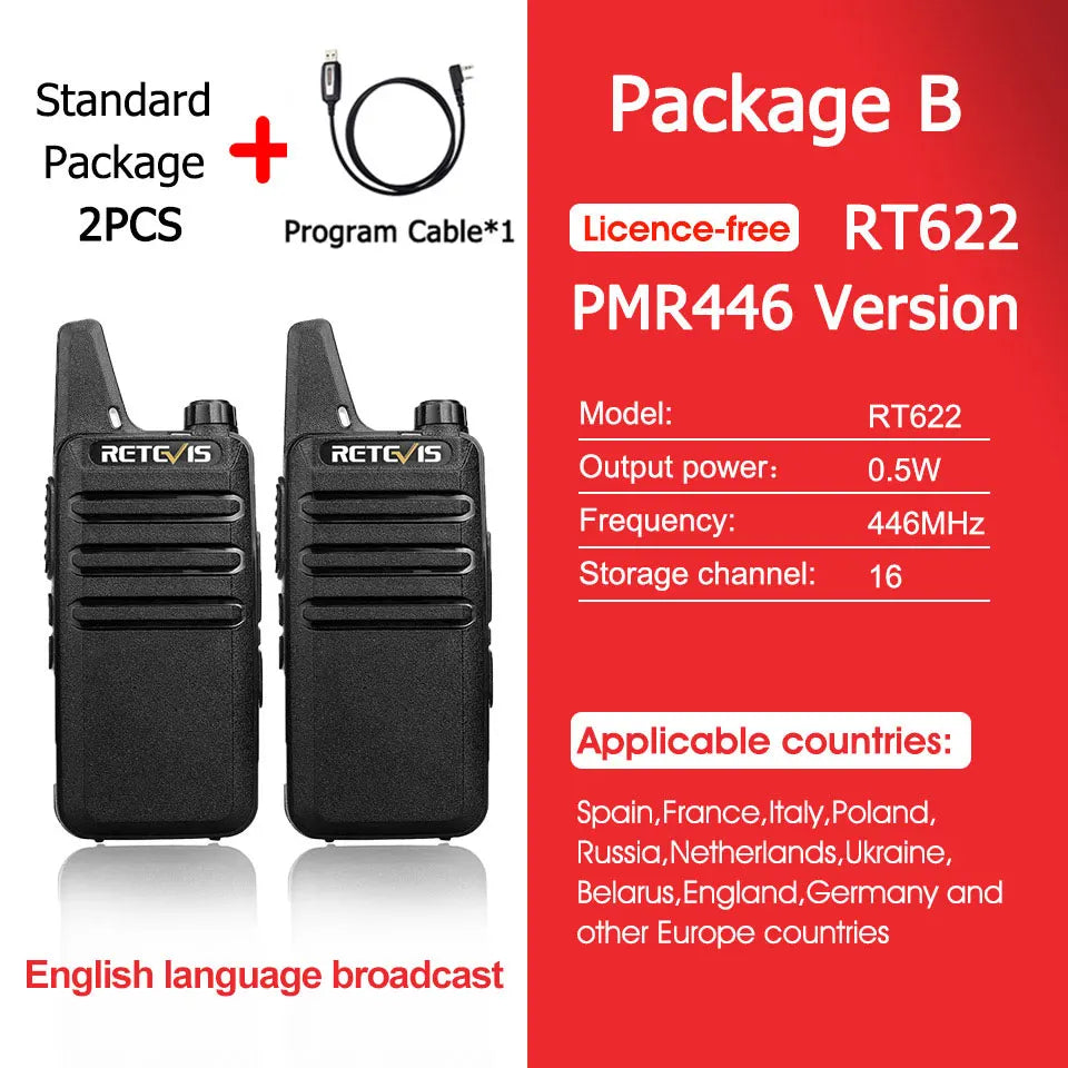 RETEVIS RT622 Walkie Talkie Mini 2 pcs PMR 446 Portable Two-way Radio ht PTT Walkie-talkies Communication Radio for Restaurant