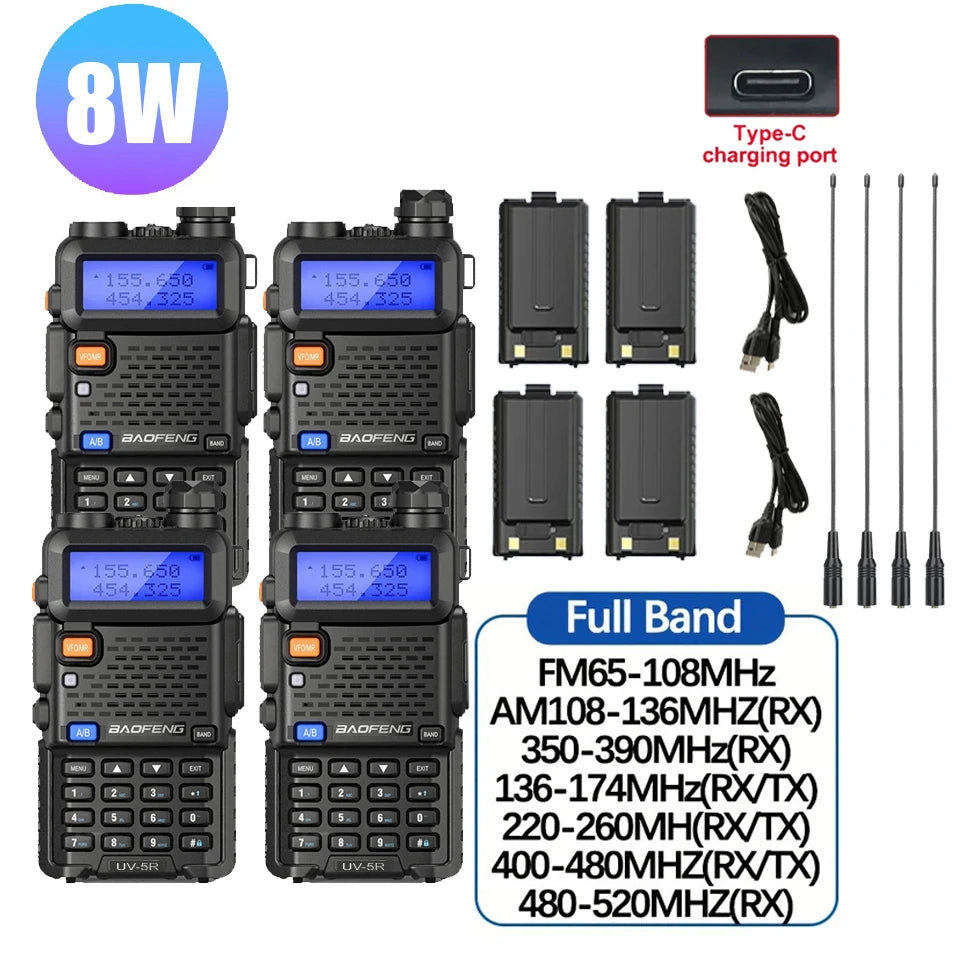 4Pcs Baofeng UV-5R 8W/5W Tri-Power Walkie Talkie High Power Dual Band Long Range Portable Handheld UV 5R Radio