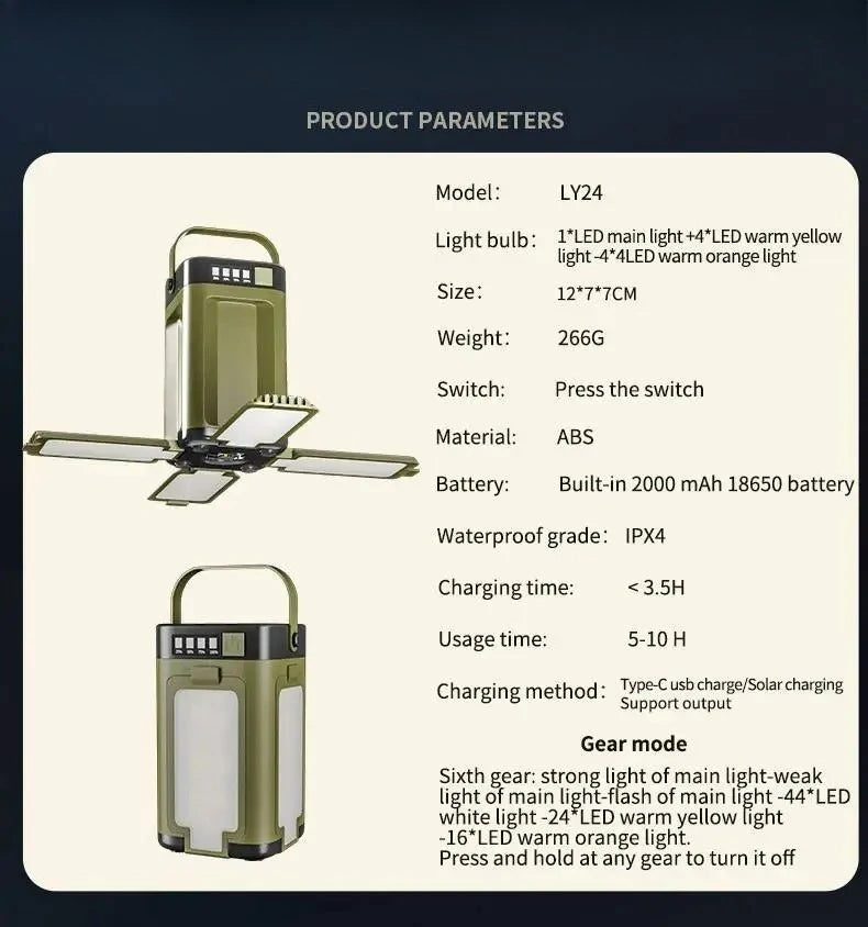 Solar Rechargeable LED Camping Lamp 4 Leaf Foldable Tent Lamp Warm Fire Atmosphere Lamp Outdoor Emergency Lighting Torch Lantern