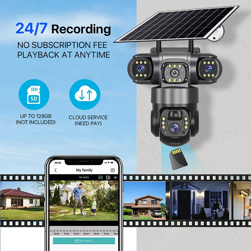 6K 15MP 4G SIM Solar Camera Outdoor 3 Lens 3 Screen Surveillance CCTV PTZ Human Detect Auto Tracking Solar Security Camera V380