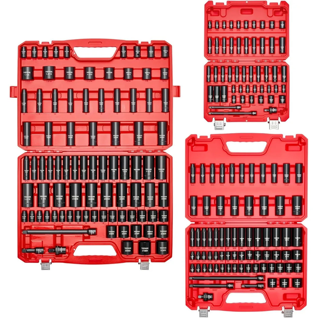 VEVOR 1/4, 3/8 & 1/2 Inch Drive Impact Socket Set, 210-Piece Full Metric/Standard with Extensions & Universal Joint, 3 Cases