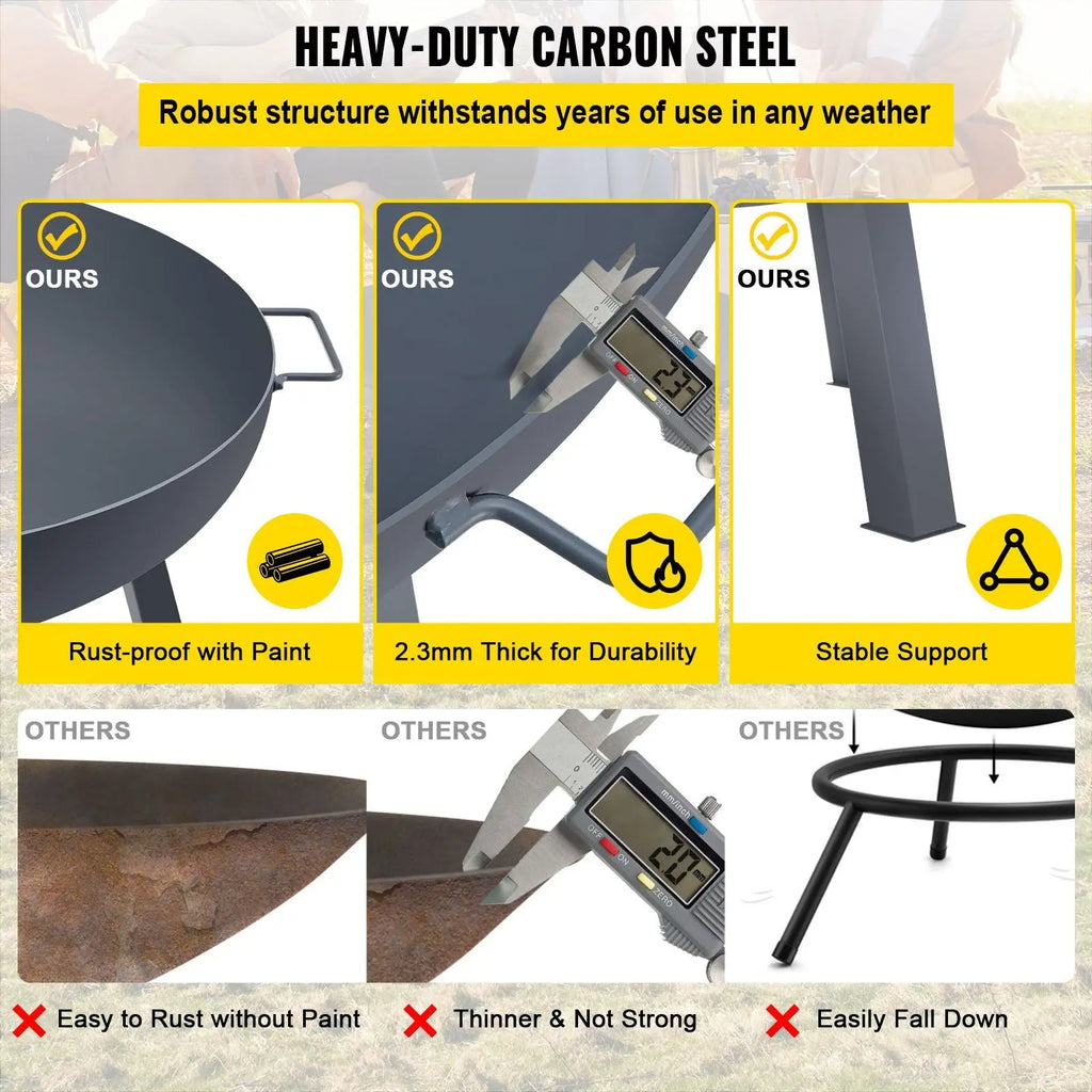 Fire Pit Bowl, 34-Inch Diameter Round Carbon Steel Fire Bowl, Wood Burning for Outdoor Patios, Backyards & Camping Uses, with A