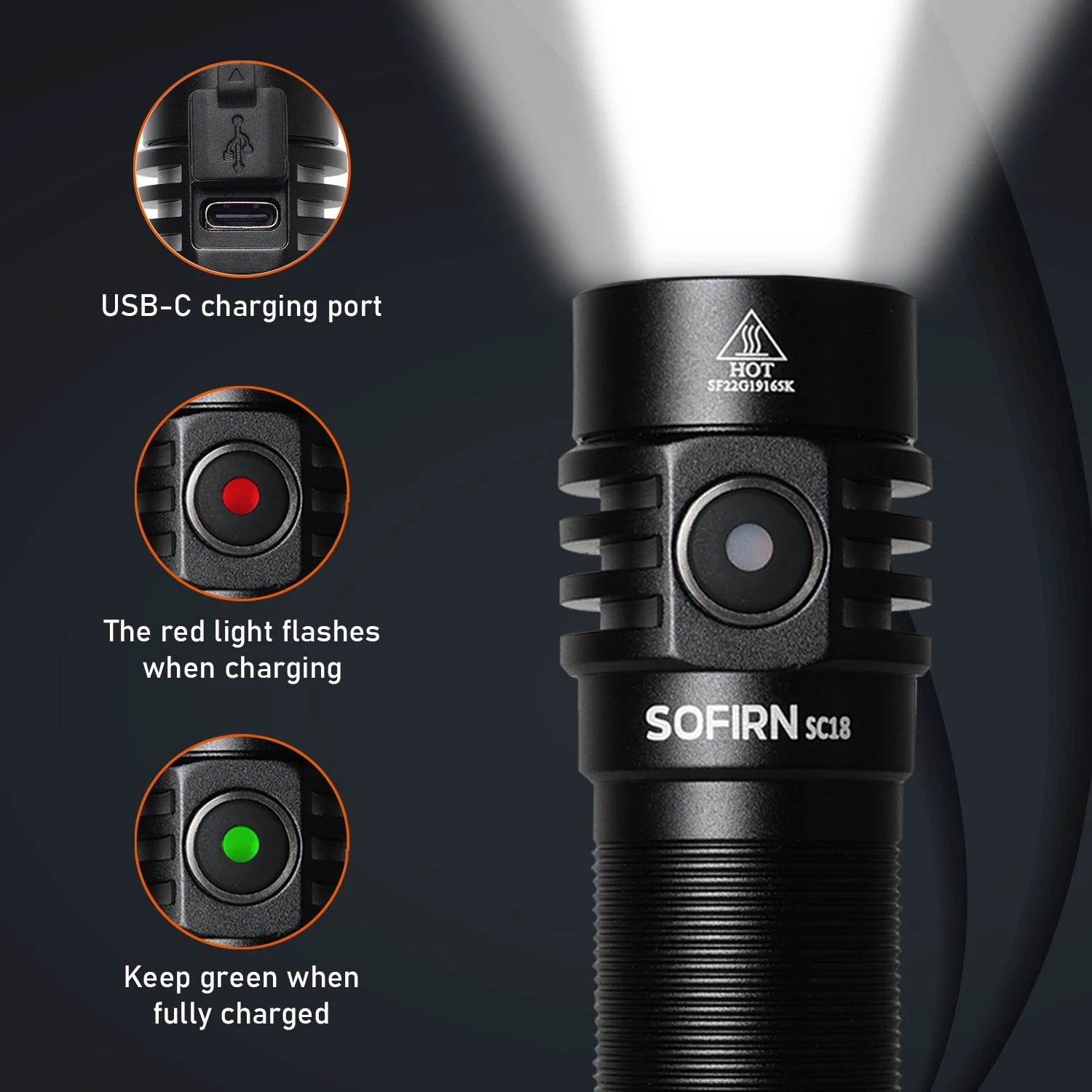 Sofirn SC18 1800lm EDC Flashlight USB C Rechargeable SST40 LED 18650 Torch TIR Optics Lens Lantern with Power Indicator