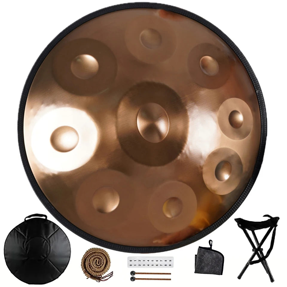 Handpan Drum in D Minor Kurd 9 10 12 Notes 440Hz 22 Inches Steel Hand Drum with Edge Woven Rattan for Professional Performance