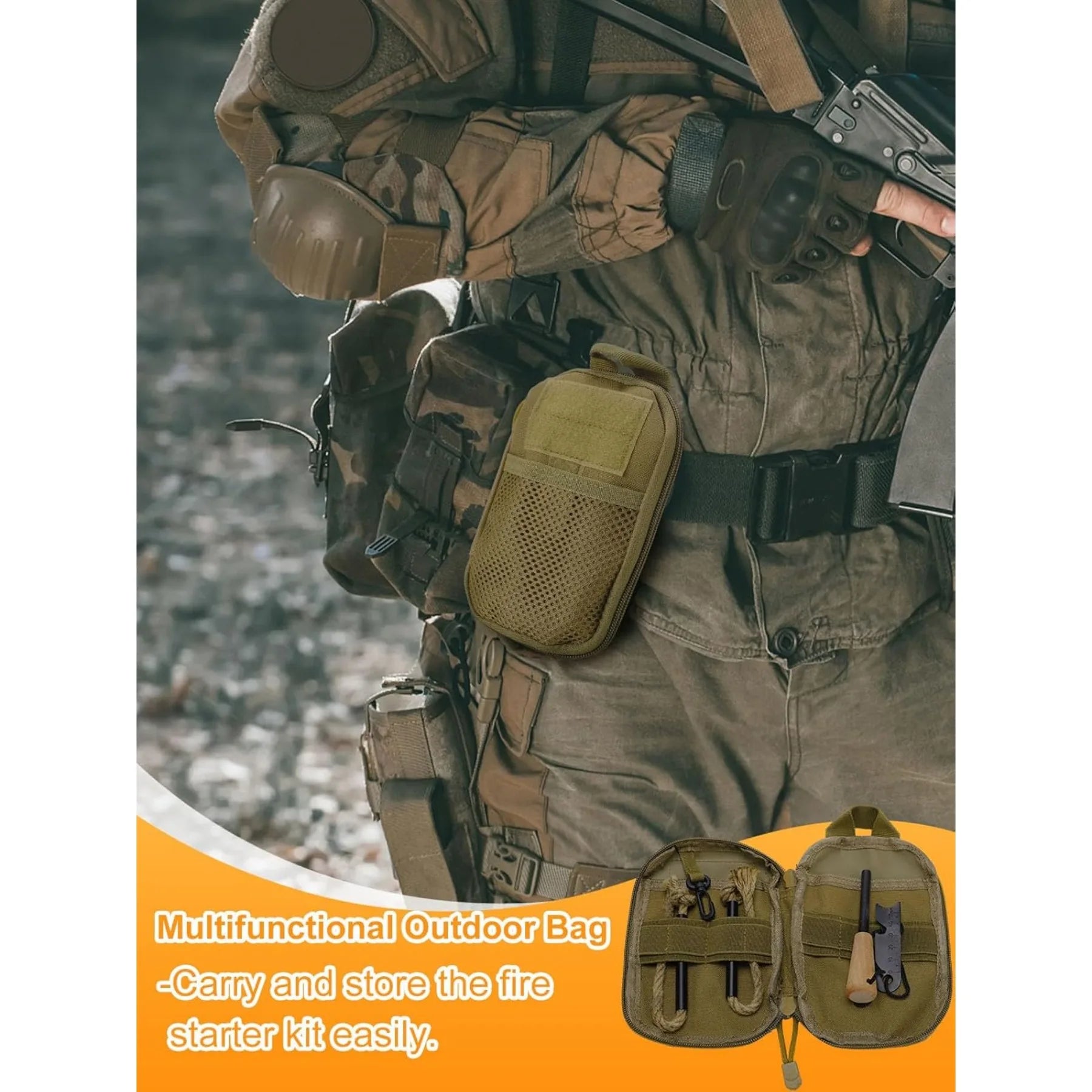 Fire Starter Survival Tool, Fire Starter Kit Includes Magnesium Rod, 2 Pcs Wick Hemp Rope and Multifunctional Outdoor Bag