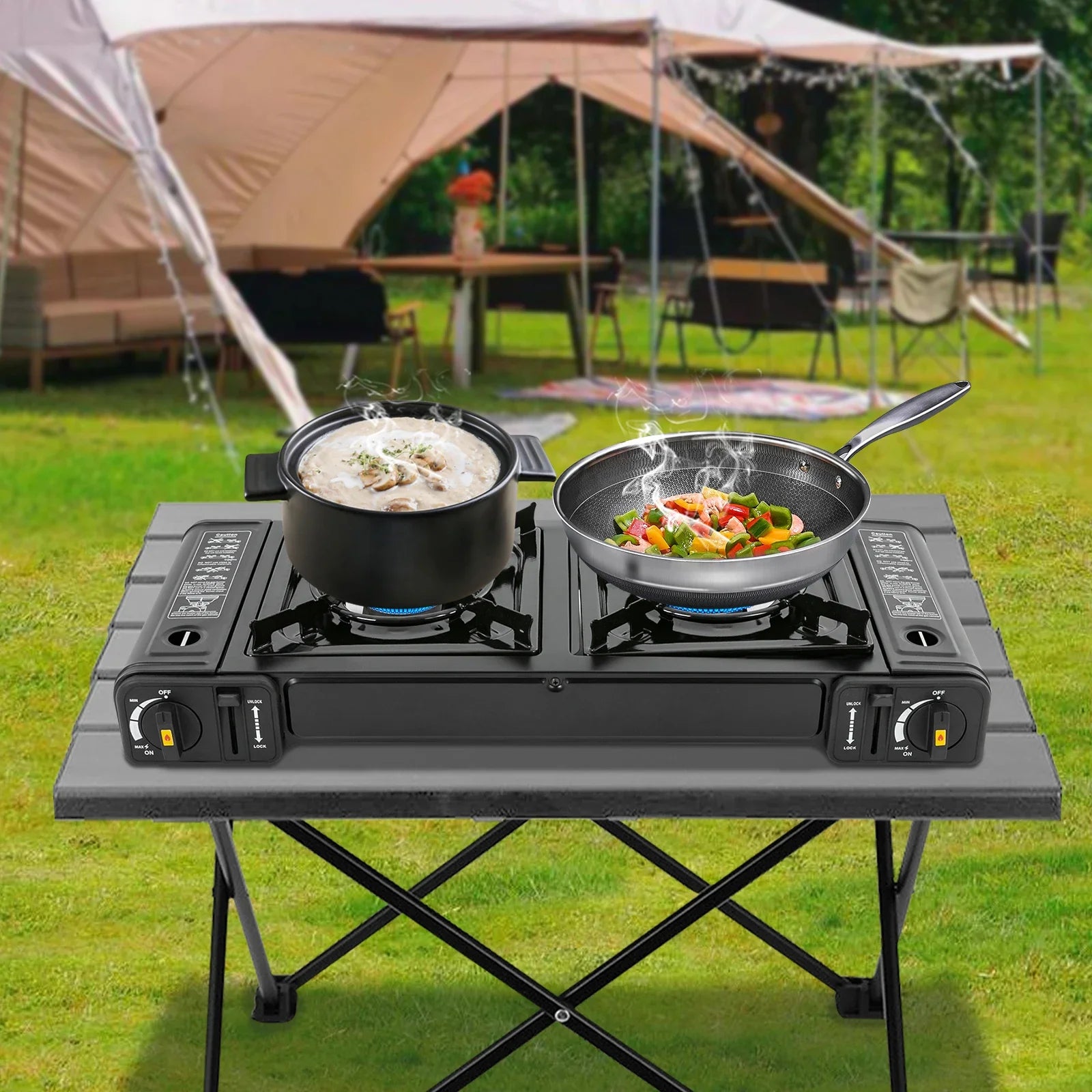 Portable Camping Stove, 2 Burners Butane Camping Stove with Carrying Case, Adjustable Fire Power Auto Ignition for RV Travel Use