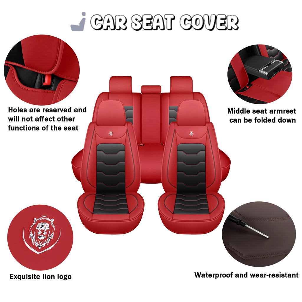 Car seat cover, 5-seater universal, suitable for 90% of 5-seater models，Waterproof leather car interior, (Black/Red)