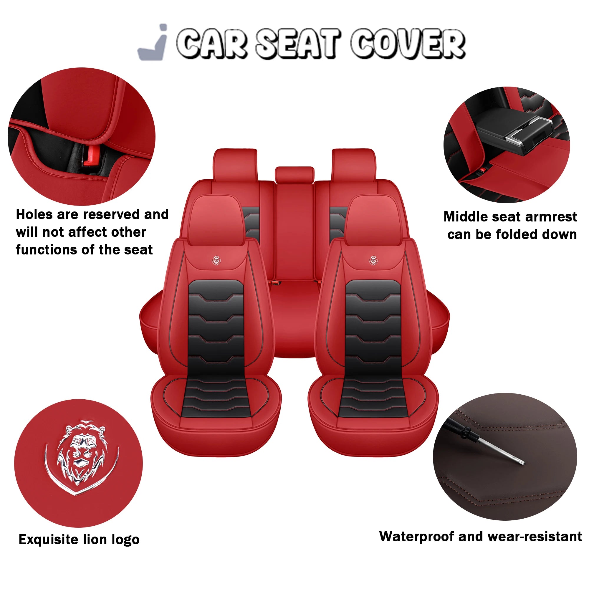 Car seat cover, 5-seater universal, suitable for 90% of 5-seater models，Waterproof leather car interior, (Black/Red)