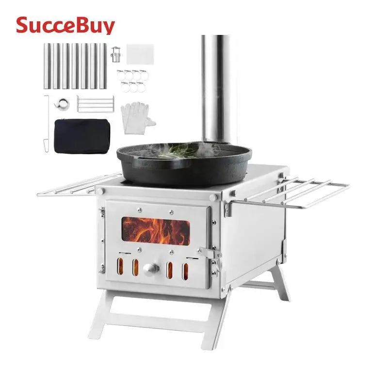 SucceBuy Wood Stove 80 in Stainless Steel Camping Tent Stove Portable Burning Stove with Chimney Pipes & Gloves 700in³Firebox