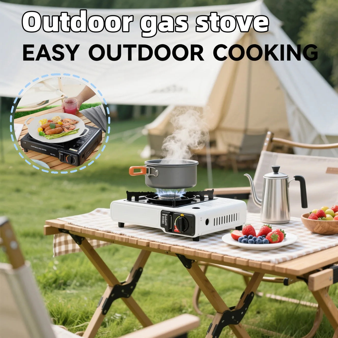 Portable outdoor gas stove, suitable for camping, barbecue cooking and household use. Compact, lightweight and durable gas stove