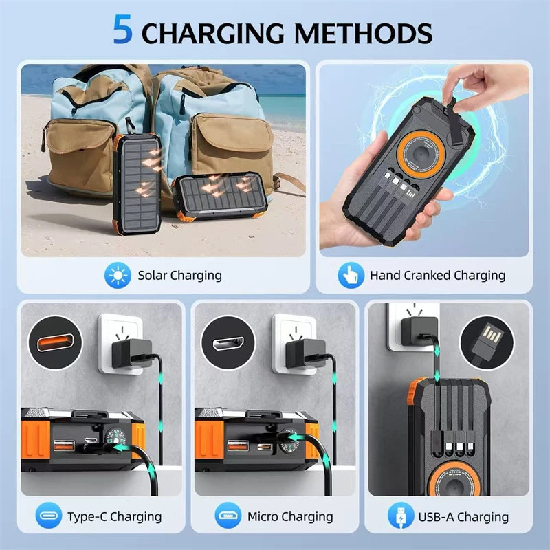30000mAh Hand Crank Solar Power Bank Magnetic Wireless 22.5W Fast Charging for Airpods iWatch for iPhone 16 Powerbank with Light