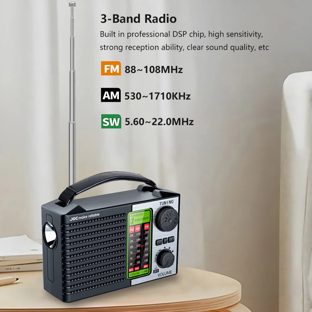 Portable Radio AM FM Rechargeable Shortwave Radios Battery Powered Full Waves support USB TF MP3 Player with Bluetooth Speaker