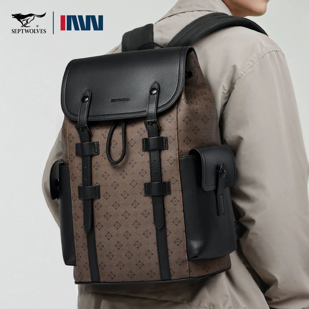 Septwolves Fashion Design Printed Leather Backpack Man Large Flip Cover Business Print Travel Laptop Bags Big Monogram Bagpack