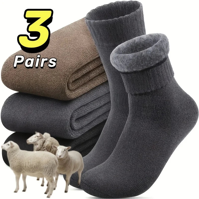 Men's Winter Velvet Snow Socks, 3-Pairs. Plush, warm & knitted for US 9-11. Perfect outdoor/work gift!