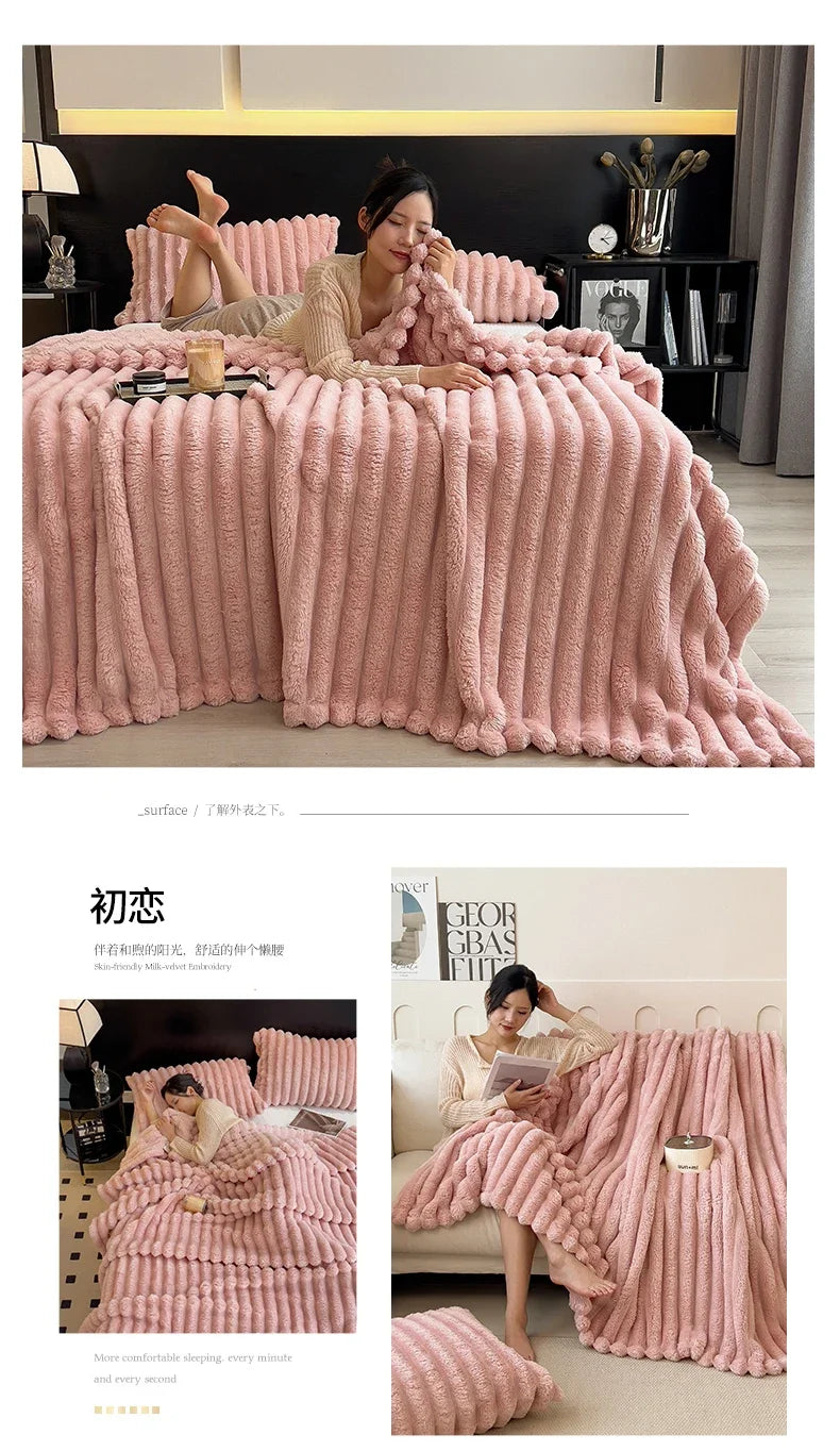 New Artificial Rabbit Plush Autumn Warm Blankets for Beds Soft Coral Fleece Sofa Throw Blanket Comfortable Thicken Bed Sheet