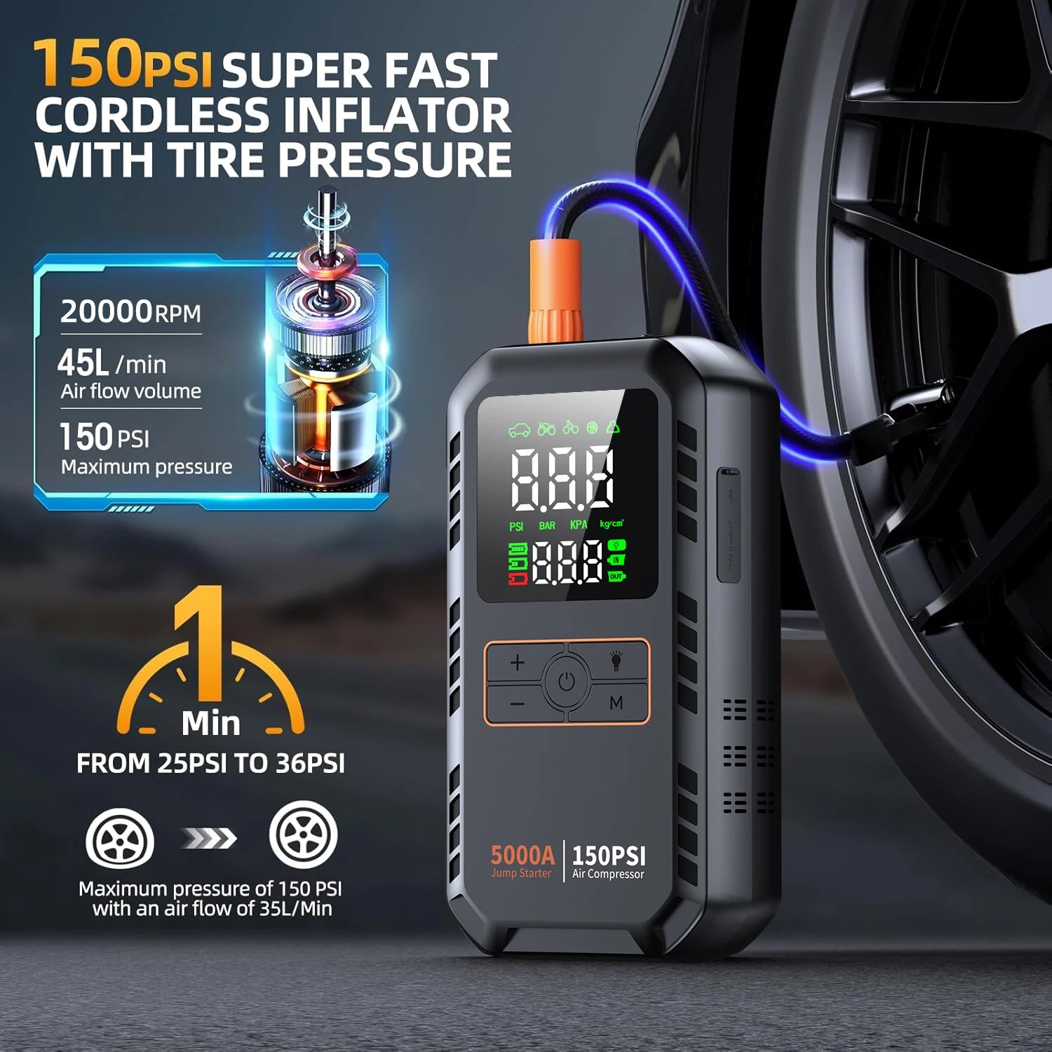 5000A 150PSI Car Jump Starter with Air Compressor Auto Tire Inflator, Large LCD Display, LED Light, for Cars, Bike & Motorcycle