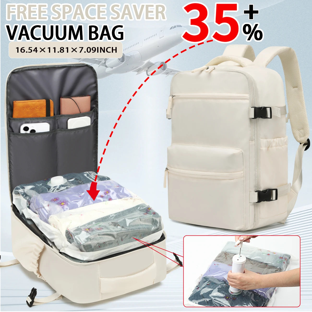 Vacuum Storage Travel Backpack, Airline Carry-On Bag, Business Laptop Backpack & Tote Bag for Men and Women