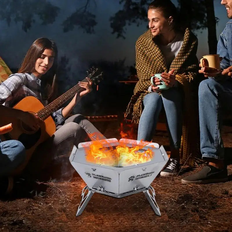 Portable Fire Pit Grill Heavy Duty Firepit Barbecue Grill Campfire Wood Stove Hexagonal BBQ Grill With Handles BBQ Tool Kits
