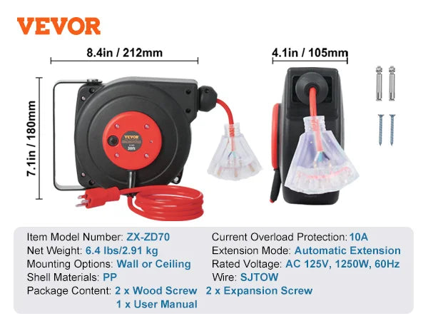 SucceBuy Retractable Extension Cord Reel 30FT Lighted Triple Tap Outlet 10 Amp Circuit Breaker 4.5FT Lead-in Cord Electrical Use