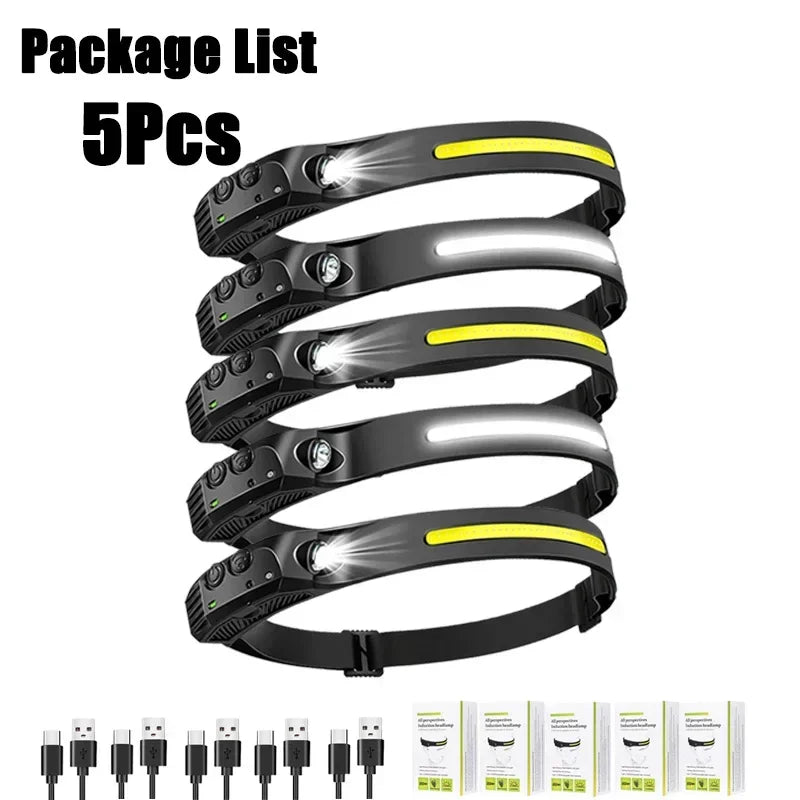 Sensor Headlamp USB Rechargeable LED Flashlight XPE+COB Torch Camping Waterproof Headlight Fishing Headlamp 1/2/3/4/5/8/10PCS