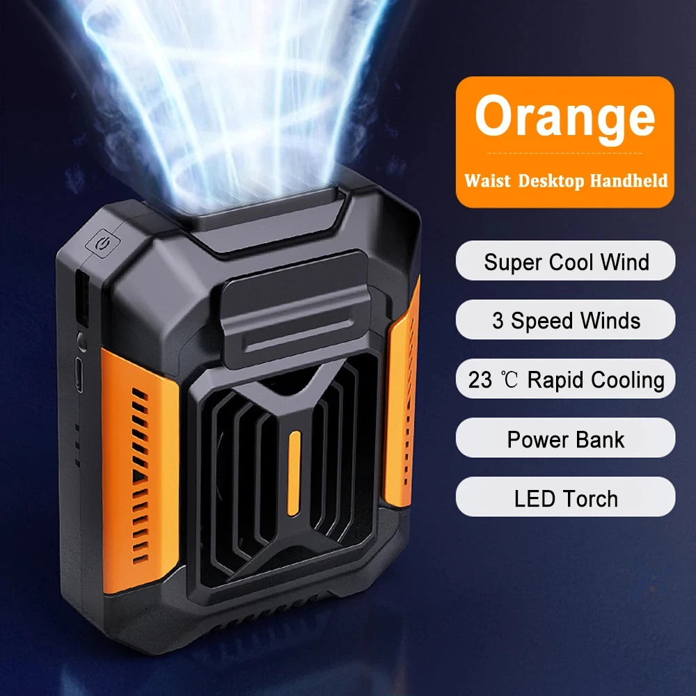 Personal Belt Clip Fan Portable Power Bank Flashlight Wearable Fan Hanging Neck Fan for Outdoor Works Hiking Camping