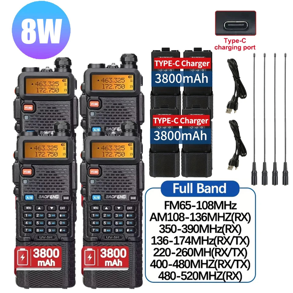 4Pcs Baofeng UV-5R 8W/5W Tri-Power Walkie Talkie High Power Dual Band Long Range Portable Handheld UV 5R Radio