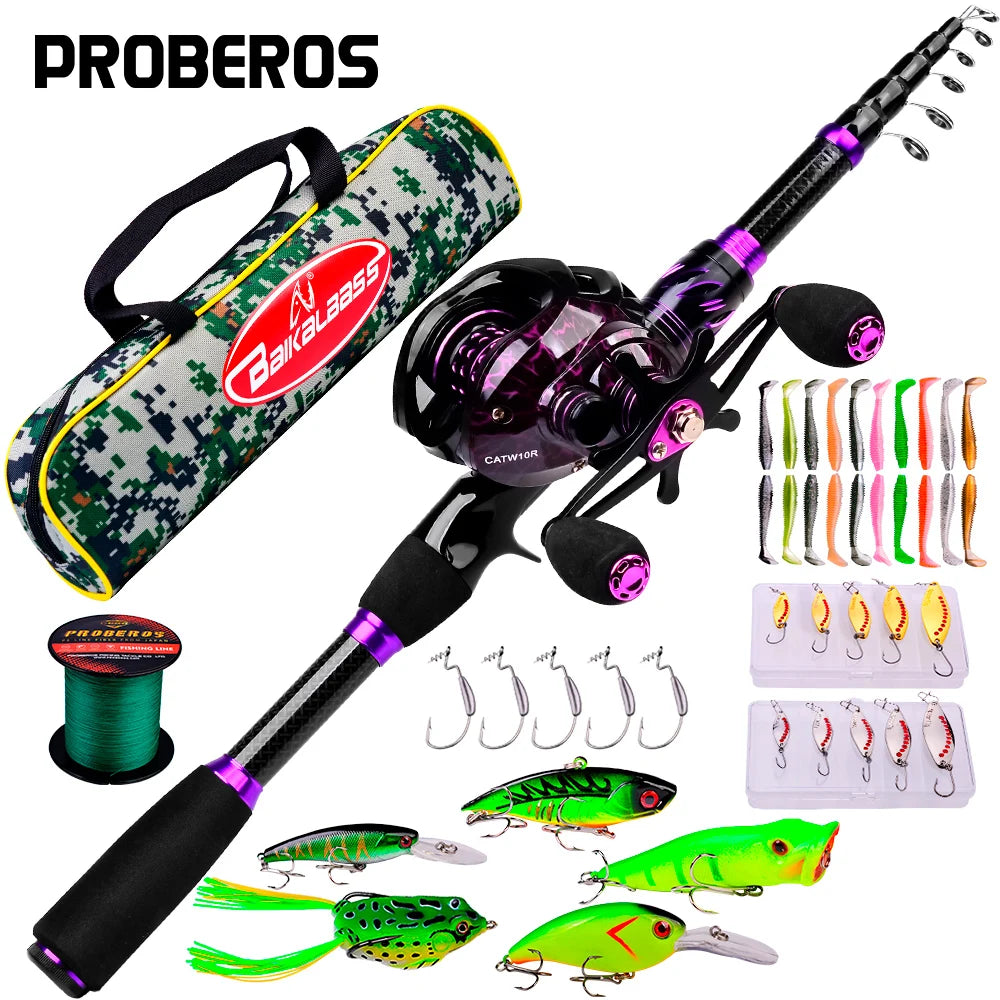 PROBEROS 2.1m Baitcasting/Spinning Fishing Rod Reel Combo Full Set with Line Lure Bag Hooks Freshwater Saltwater Fishing Pesca