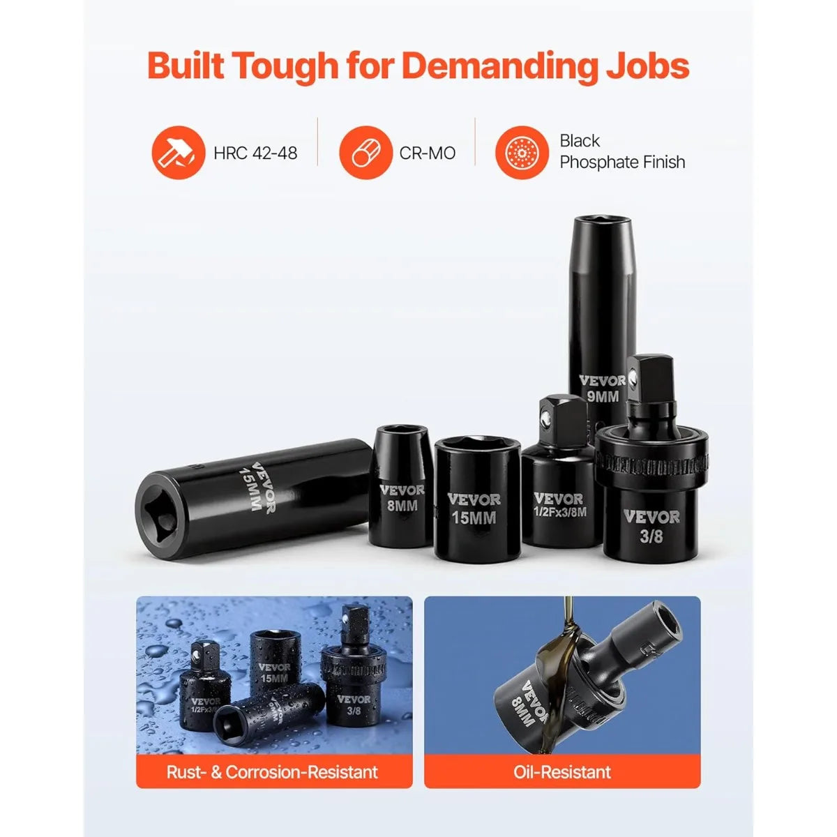 VEVOR 1/4, 3/8 & 1/2 Inch Drive Impact Socket Set, 210-Piece Full Metric/Standard with Extensions & Universal Joint, 3 Cases