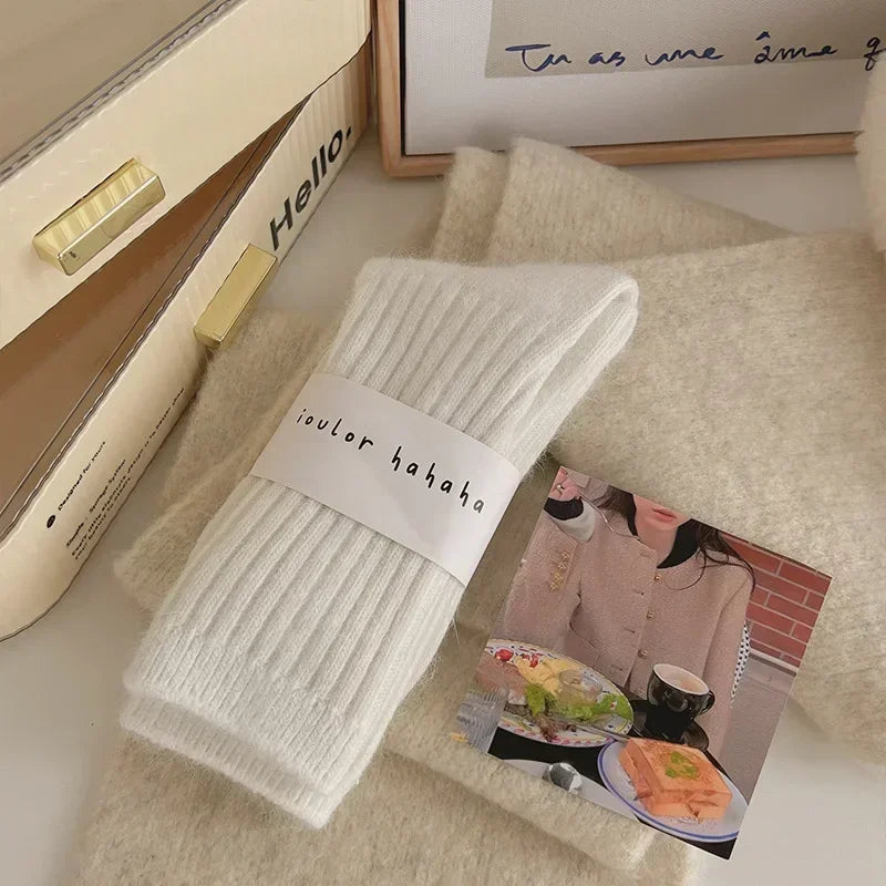 Winter Thick Warm Women's Cashmere Wool Socks Japanese Harajuku Style Solid Color Long Thermal Fashion Sox for Ladies